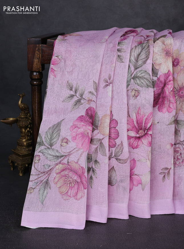 Pure linen silk saree lilac with allover floral digital prints and simple border