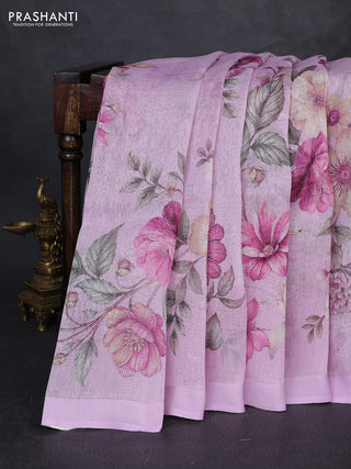 Pure linen silk saree lilac with allover floral digital prints and simple border