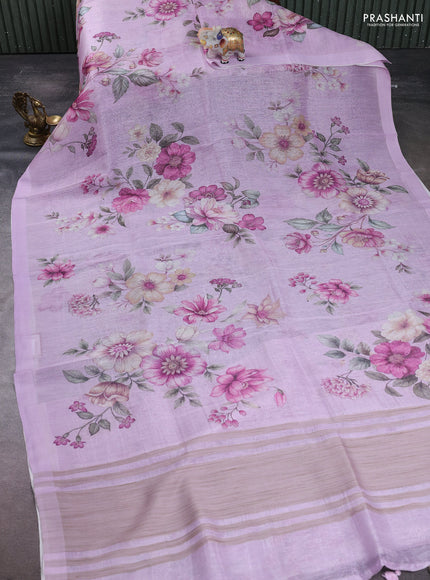 Pure linen silk saree lilac with allover floral digital prints and simple border