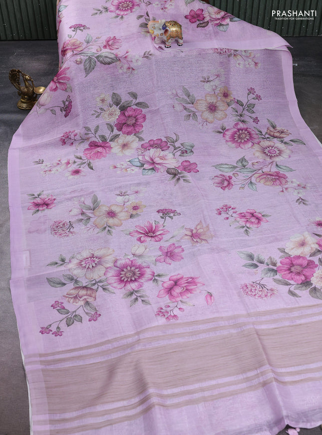 Pure linen silk saree lilac with allover floral digital prints and simple border