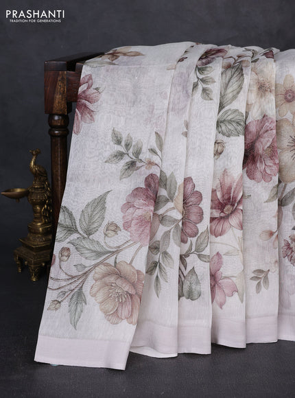 Pure linen silk saree off white with allover floral digital prints and simple border