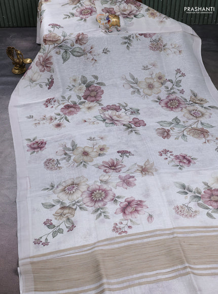 Pure linen silk saree off white with allover floral digital prints and simple border