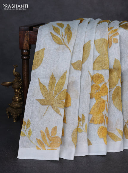 Pure linen silk saree pastel bluish grey with allover leaf digital prints and simple border