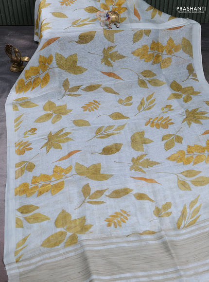 Pure linen silk saree pastel bluish grey with allover leaf digital prints and simple border