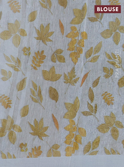Pure linen silk saree pastel bluish grey with allover leaf digital prints and simple border