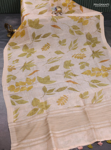 Pure linen silk saree pale orange with allover leaf digital prints and simple border
