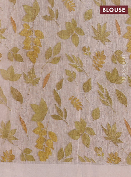 Pure linen silk saree pale orange with allover leaf digital prints and simple border