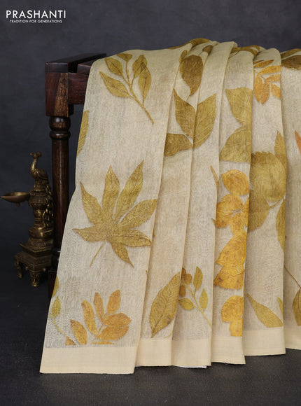 Pure linen silk saree yellow shade with allover leaf digital prints and simple border