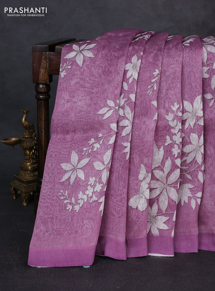 Pure linen silk saree mild purple with allover digital prints and simple border