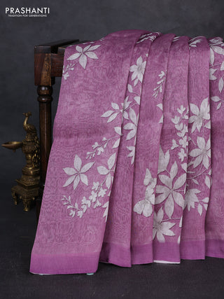 Pure linen silk saree mild purple with allover digital prints and simple border