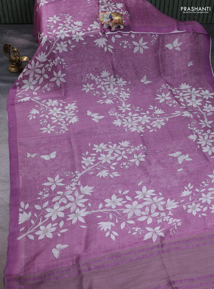 Pure linen silk saree mild purple with allover digital prints and simple border