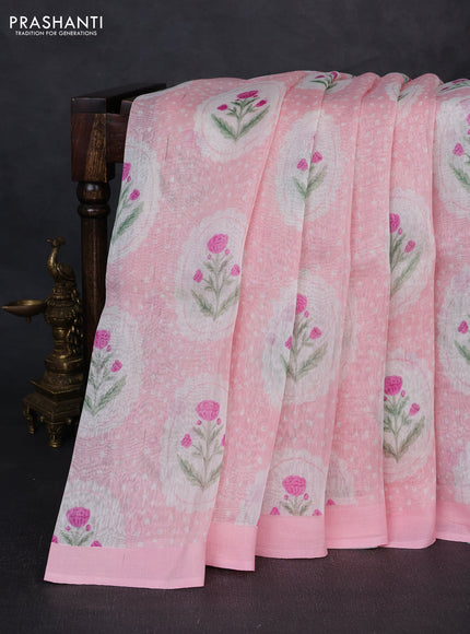 Pure linen silk saree light pink with allover floral digital prints and simple border