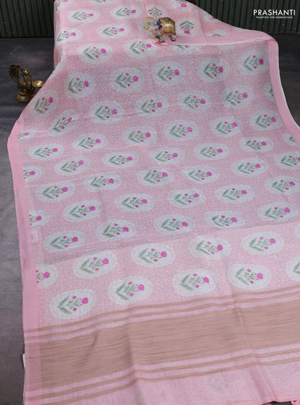Pure linen silk saree light pink with allover floral digital prints and simple border