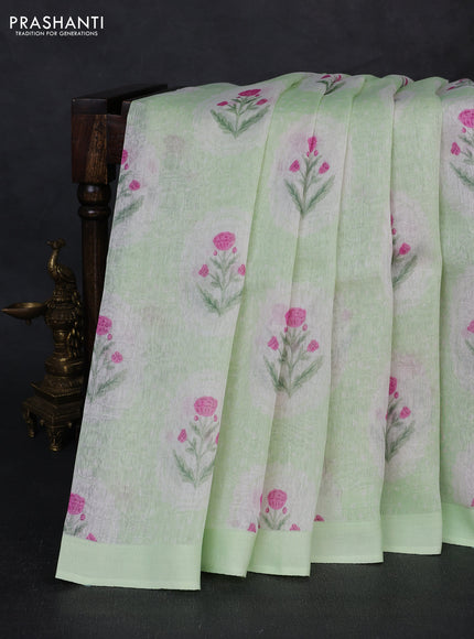 Pure linen silk saree pista green with allover floral digital prints and simple border