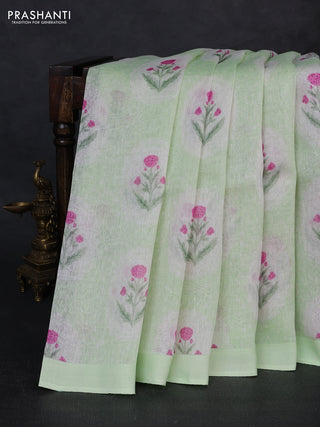 Pure linen silk saree pista green with allover floral digital prints and simple border
