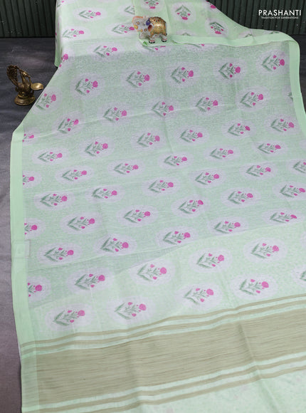 Pure linen silk saree pista green with allover floral digital prints and simple border
