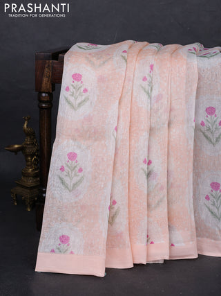 Pure linen silk saree pale orange with allover floral digital prints and simple border