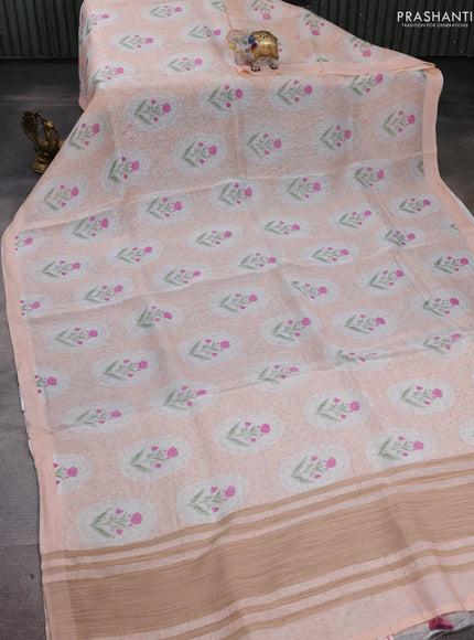 Pure linen silk saree pale orange with allover floral digital prints and simple border