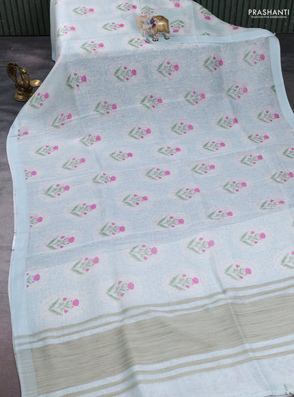 Pure linen silk saree mild teal blue with allover floral digital prints and simple border
