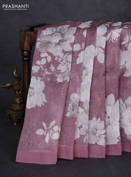 Pure linen silk saree mauve pink with allover floral digital prints and simple border