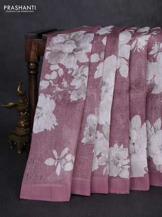 Pure linen silk saree mauve pink with allover floral digital prints and simple border