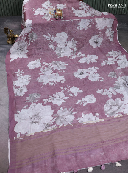 Pure linen silk saree mauve pink with allover floral digital prints and simple border