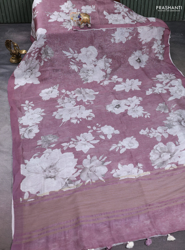 Pure linen silk saree mauve pink with allover floral digital prints and simple border