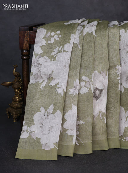 Pure linen silk saree pastel green with allover floral digital prints and simple border