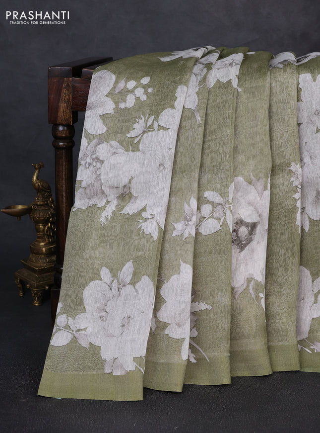 Pure linen silk saree pastel green with allover floral digital prints and simple border