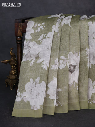 Pure linen silk saree pastel green with allover floral digital prints and simple border