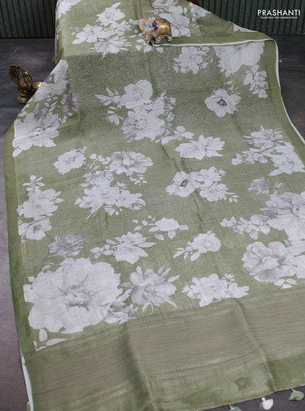 Pure linen silk saree pastel green with allover floral digital prints and simple border