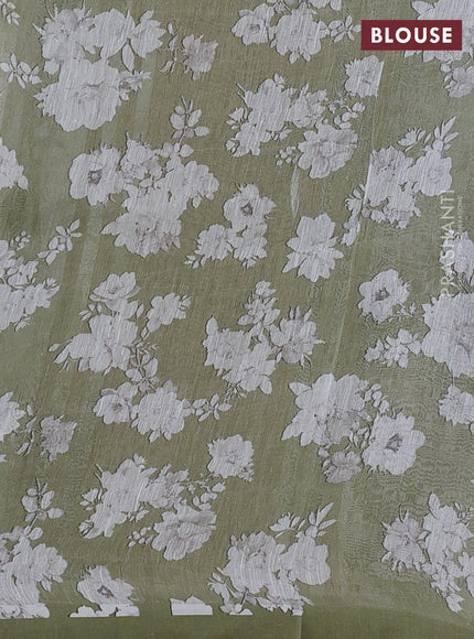 Pure linen silk saree pastel green with allover floral digital prints and simple border