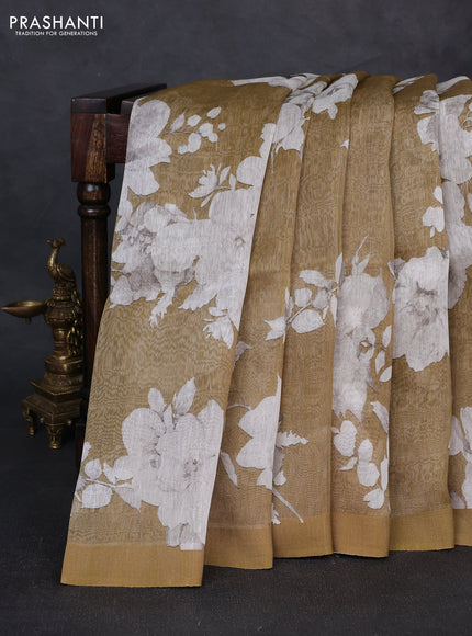 Pure linen silk saree dark mustard shade with allover floral digital prints and simple border