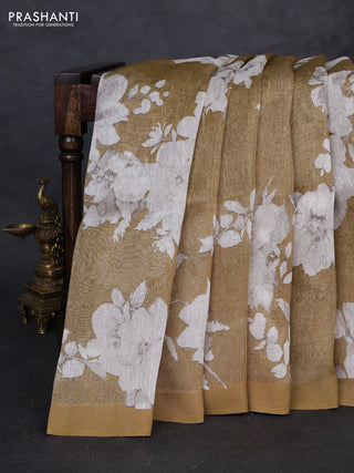 Pure linen silk saree dark mustard shade with allover floral digital prints and simple border