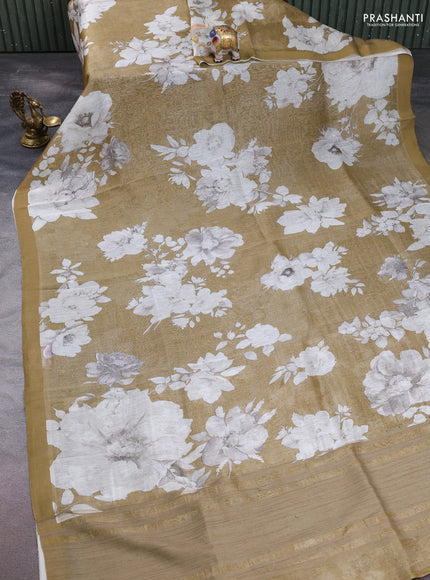 Pure linen silk saree dark mustard shade with allover floral digital prints and simple border