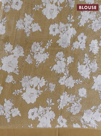 Pure linen silk saree dark mustard shade with allover floral digital prints and simple border