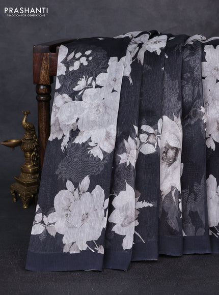 Pure linen silk saree black with allover floral digital prints and simple border