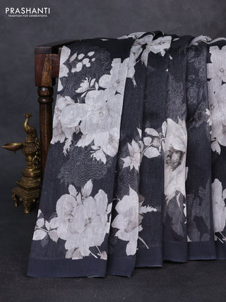 Pure linen silk saree black with allover floral digital prints and simple border