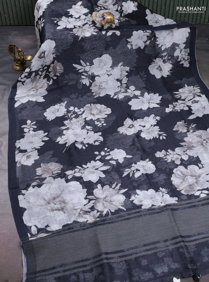 Pure linen silk saree black with allover floral digital prints and simple border