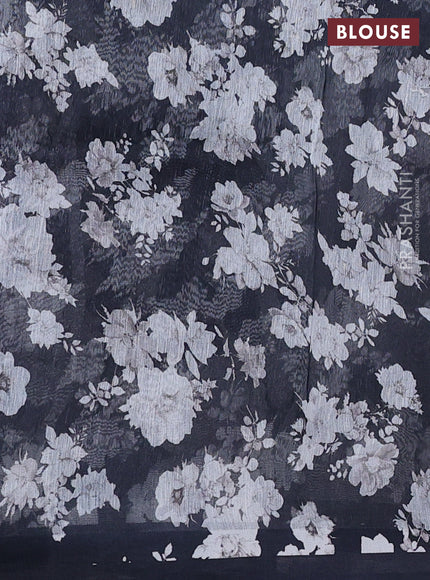 Pure linen silk saree black with allover floral digital prints and simple border