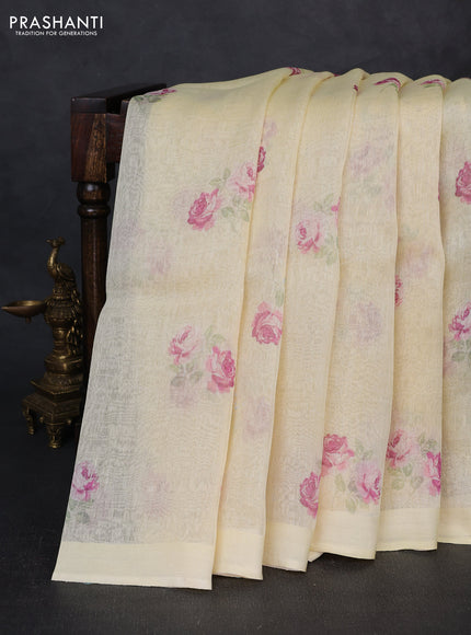 Pure linen silk saree pale yellow with floral digital butta prints and simple border