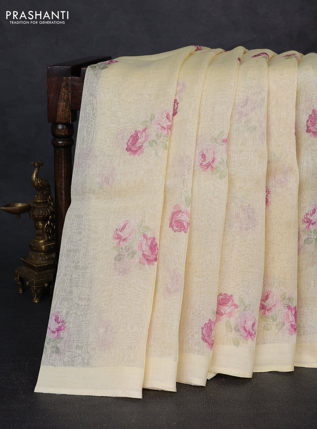 Pure linen silk saree pale yellow with floral digital butta prints and simple border