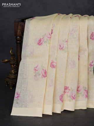 Pure linen silk saree pale yellow with floral digital butta prints and simple border