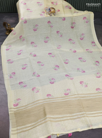 Pure linen silk saree pale yellow with floral digital butta prints and simple border