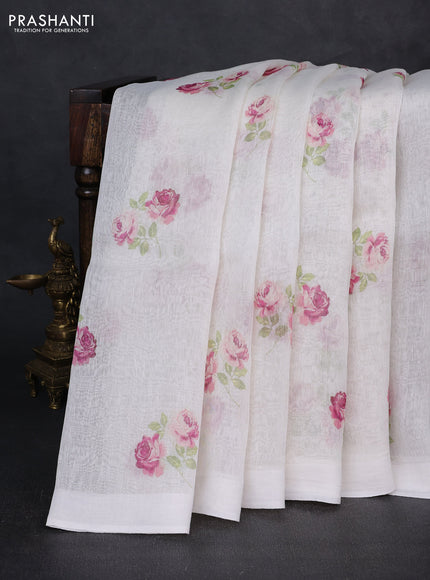 Pure linen silk saree off white with floral digital butta prints and simple border