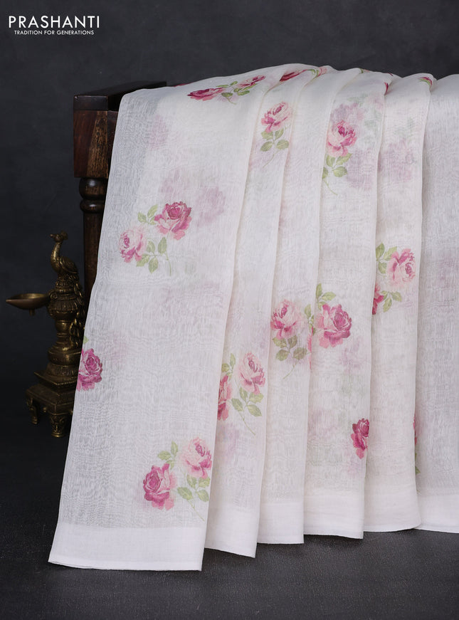 Pure linen silk saree off white with floral digital butta prints and simple border