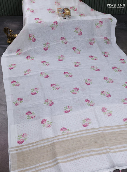 Pure linen silk saree off white with floral digital butta prints and simple border