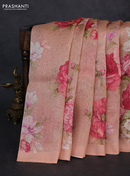 Pure linen silk saree dark peach with floral digital prints and simple border