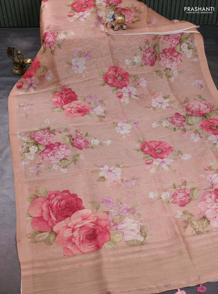 Pure linen silk saree dark peach with floral digital prints and simple border