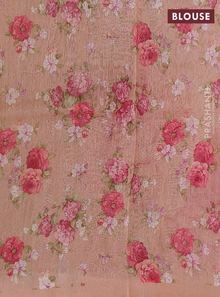 Pure linen silk saree dark peach with floral digital prints and simple border